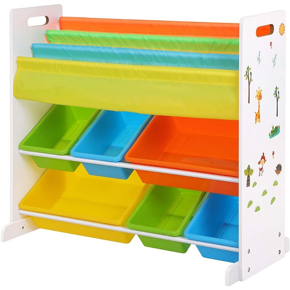 A kids bookshelf with colourful toy storage bins
