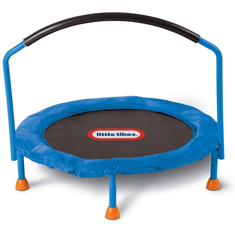 A three foot kids trampoline with a support handlebar